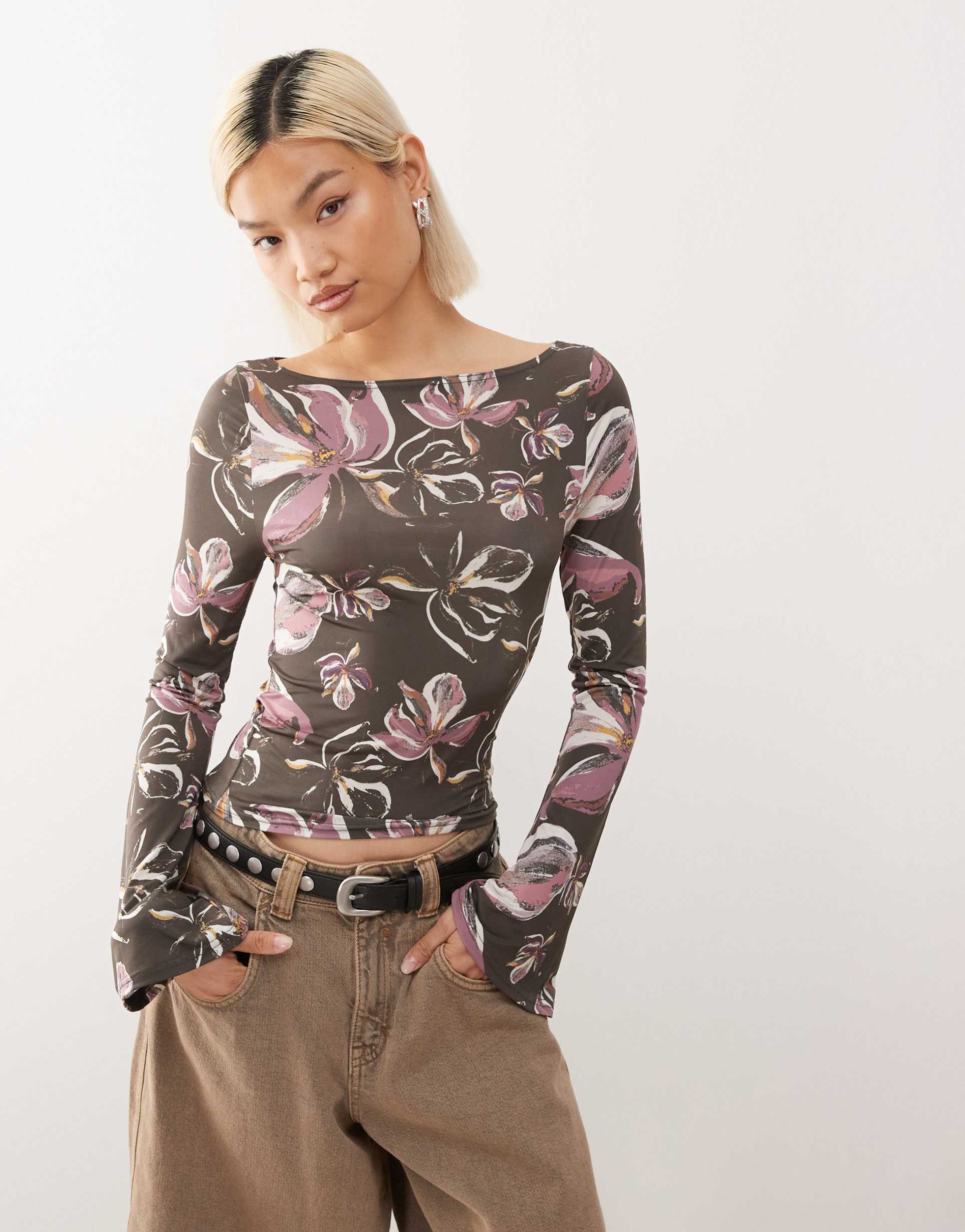 reclaimed vintage flared long sleeve top with hibiscus print in black