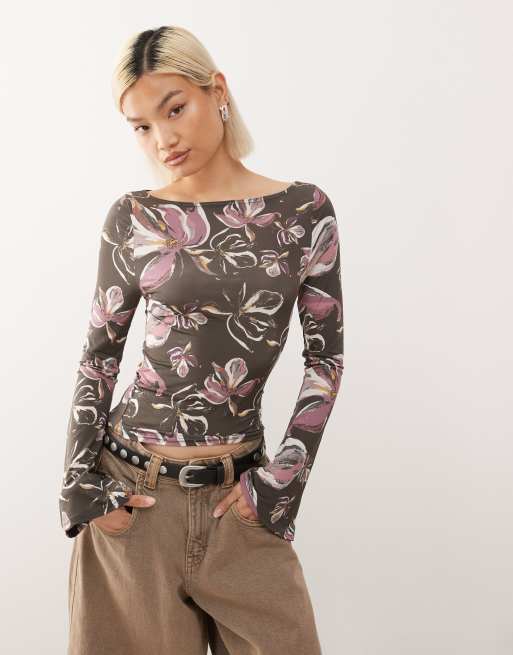 Reclaimed Vintage flared long sleeve top with hibiscus print in black
