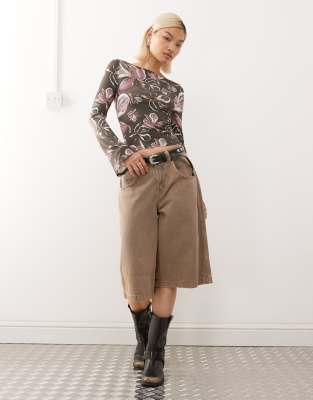 Reclaimed Vintage Flared Long Sleeve Top With Hibiscus Print In Multi