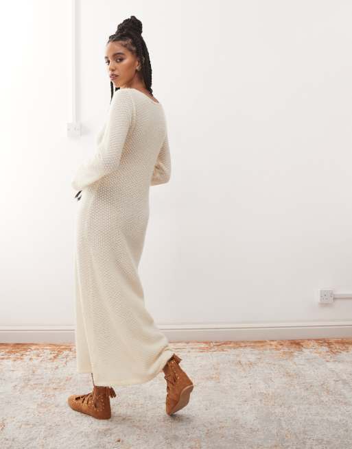 Reclaimed Vintage Flared Sleeve Crochet Festival Maxi Dress in Buttermilk cream-White
