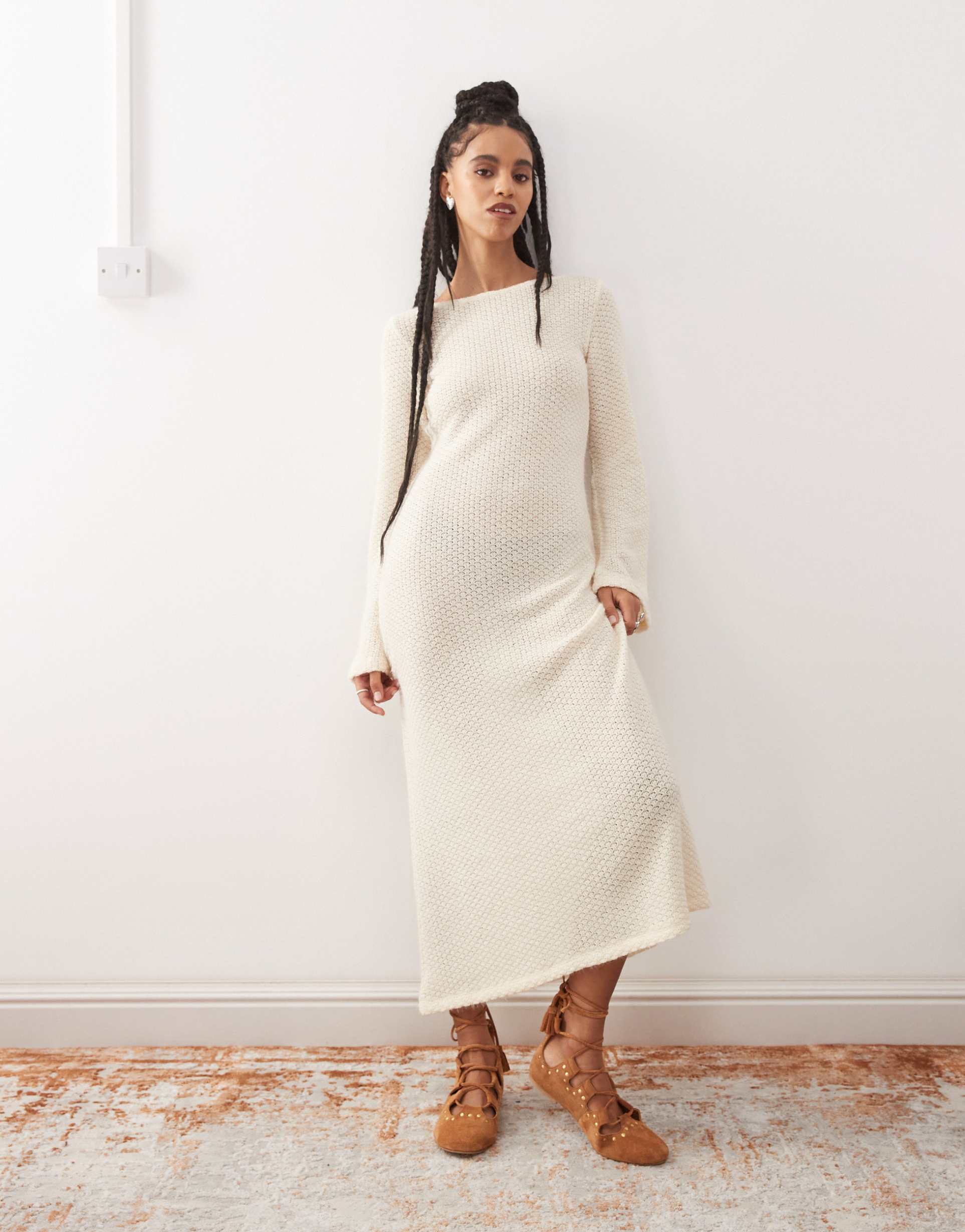 reclaimed vintage flared sleeve crochet maxi dress in buttermilk cream