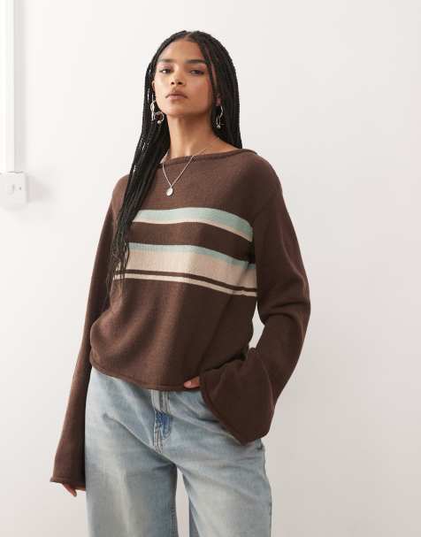 Reclaimed Vintage flared sleeve knit top with stripe panel in brown - view 1