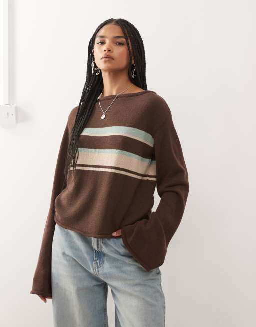 Reclaimed Vintage flared sleeve knitted top with stripe panel in burgundy 
