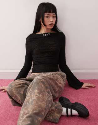 Reclaimed Vintage Flared Sleeve Zebra Animal Burnout Top In Black