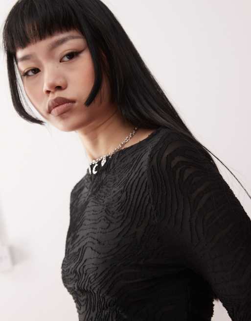 Reclaimed Vintage flared sleeve zebra animal burnout top in black