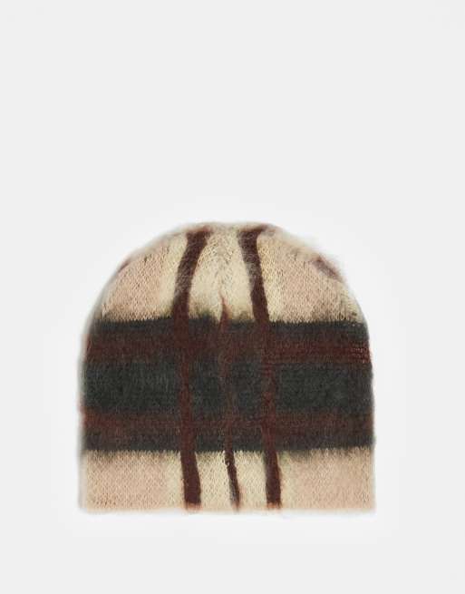 Reclaimed Vintage – Flauschige Unisex-Strickmütze in Braun kariert , 3 von 3