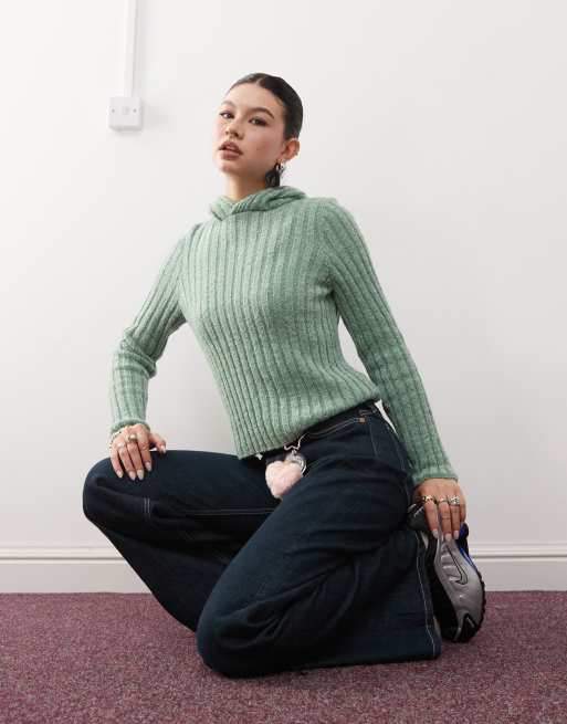 Reclaimed Vintage – Flauschiger, gerippter Strickpullover in Aqua-Blau mit Kapuze