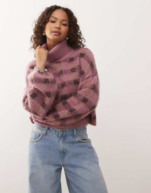 Reclaimed Vintage – Flauschiger Rollkragenpullover aus Strick mit Karomuster und Ballonärmeln 