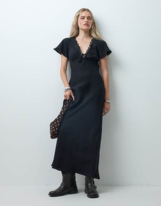 Reclaimed Vintage flax textured tie front maxi dress with lace trim in black, 1 of 4
