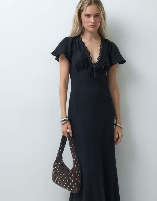Reclaimed Vintage flax textured tie front maxi dress with lace trim in black, 2 of 4