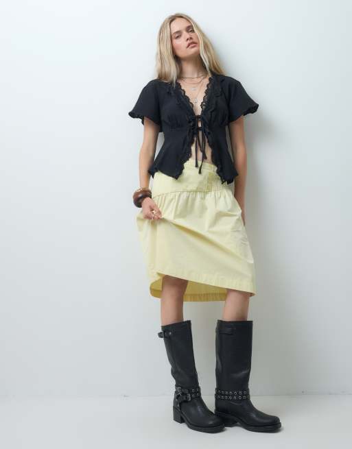 Reclaimed Vintage flax textured tie front top with lace trim in black, 2 of 4