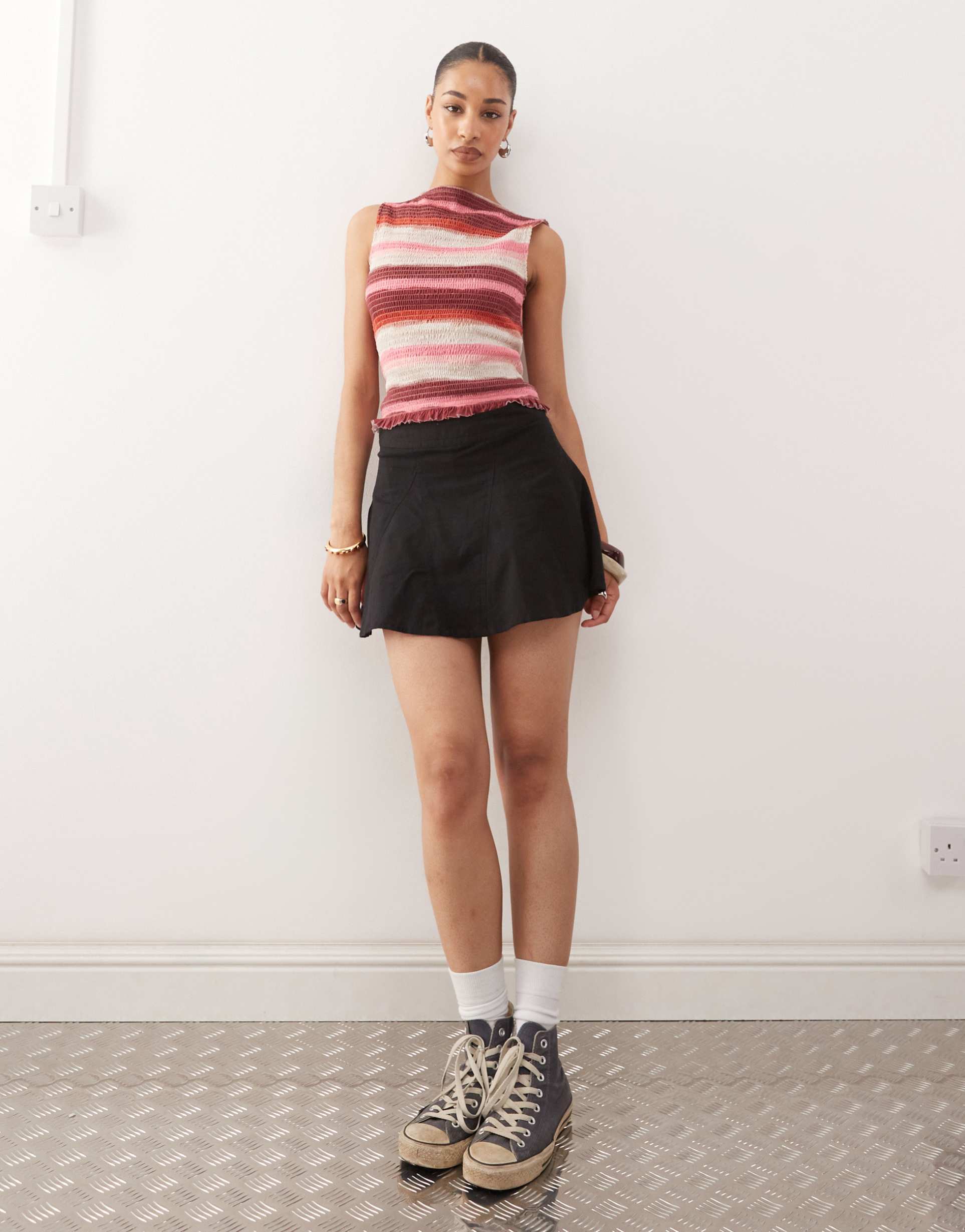 reclaimed vintage flippy mini skirt with godets in black