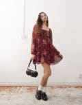 [Reclaimed Vintage] Reclaimed Vintage floaty long sleeve mini dress with tie front in burgundy floral print-Red XS BURGUNDY