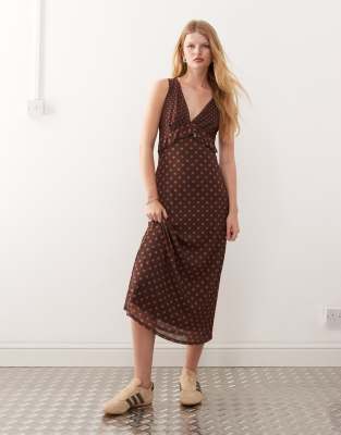 Reclaimed Vintage Floaty Midi Dress With Ruffle Detail In Brown