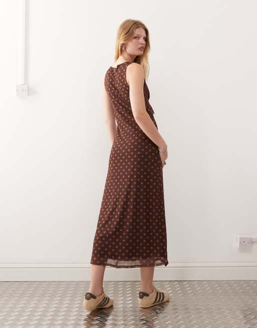 Reclaimed Vintage floaty midi dress with ruffle detail in mixed brown and pink polka dot print