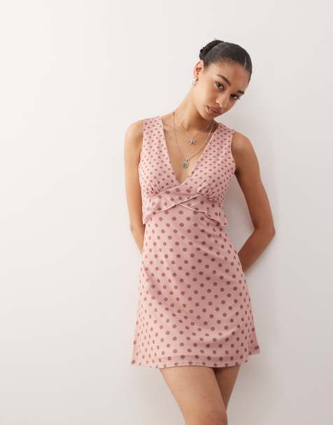 Reclaimed Vintage floaty mini dress with frill detail in mixed pink polka dot print - view 1