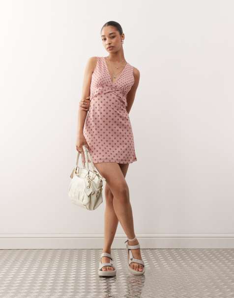 Reclaimed Vintage floaty mini dress with frill details in mixed pink polka dot print - view 1