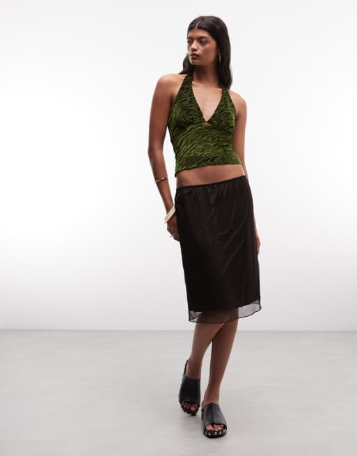 Reclaimed vintage flocked mesh cami halter top in green, 2 of 4