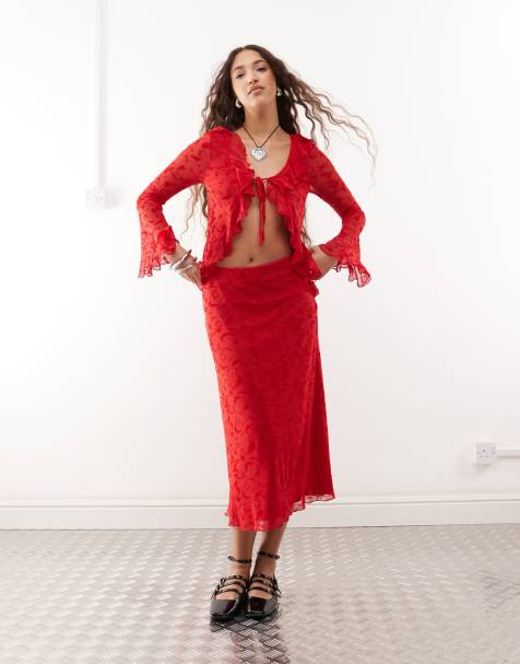 Reclaimed Vintage flocked mesh co-ord in cherry red - view 1