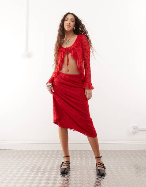 Reclaimed Vintage flocked mesh midi skirt co-ord in cherry red