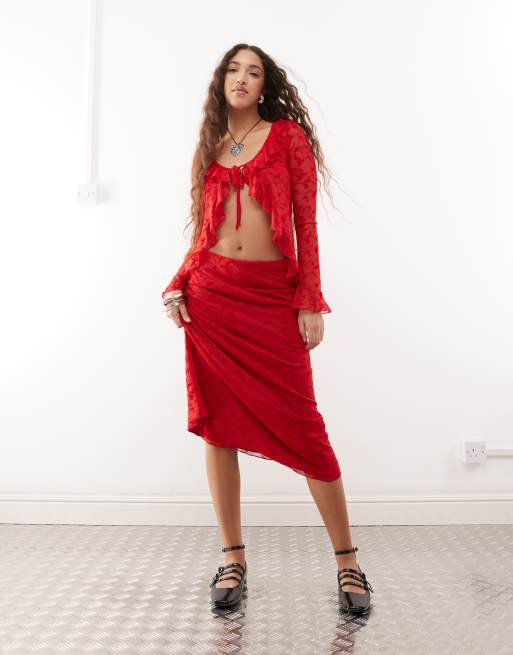 Reclaimed Vintage flocked mesh midi skirt in cherry red (part of a set)