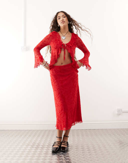Reclaimed Vintage flocked mesh set in cherry red