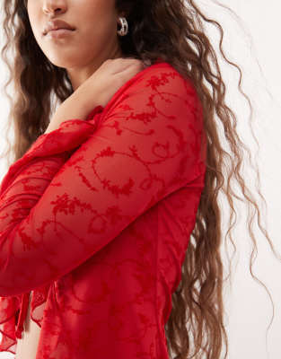 Reclaimed Vintage Flocked Mesh Tie Front Top In Red