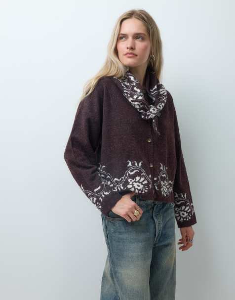 Reclaimed Vintage floral border print knitted cardi in brown with scarf - view 1