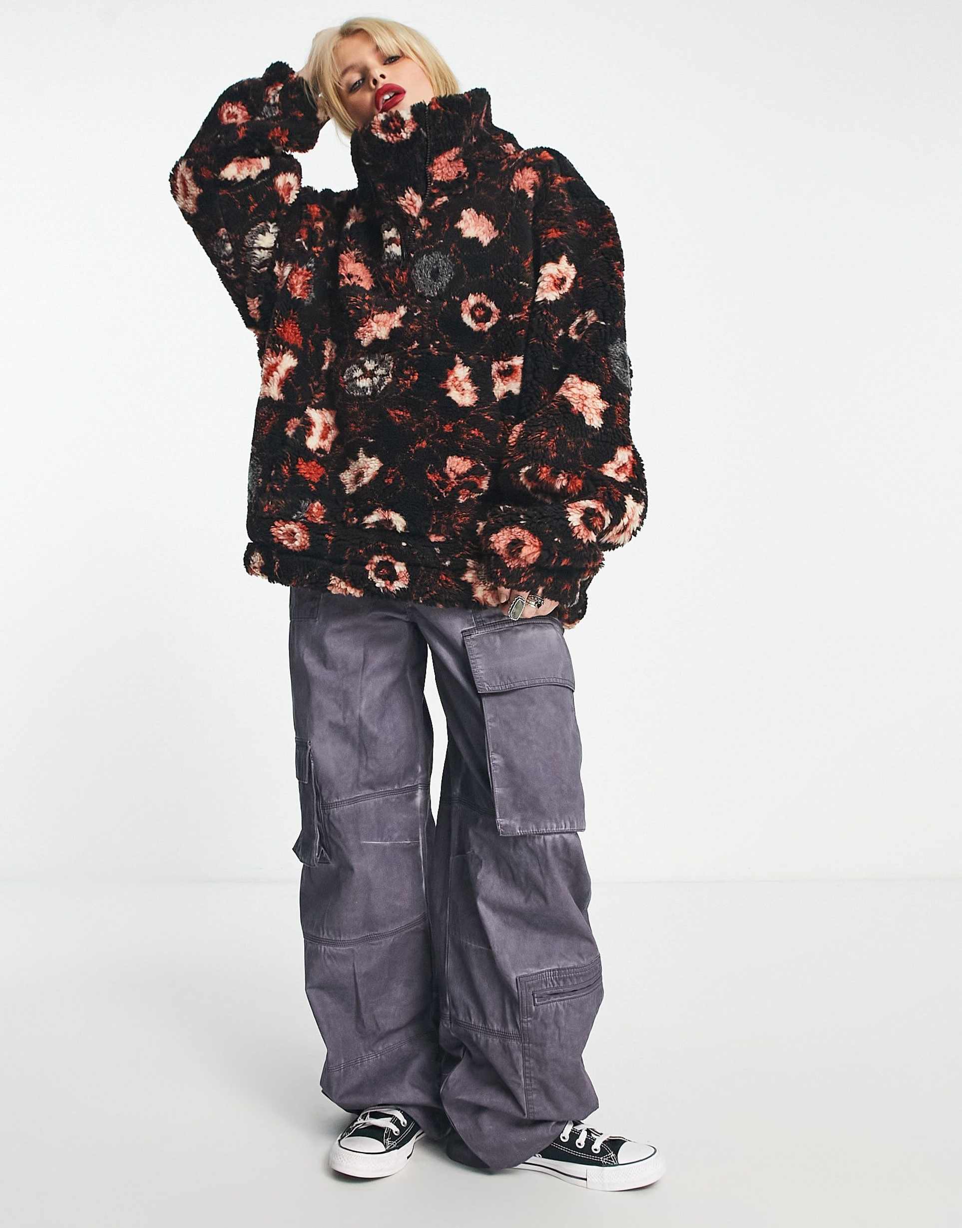 Reclaimed Vintage floral borg overhead jacket in black view 2