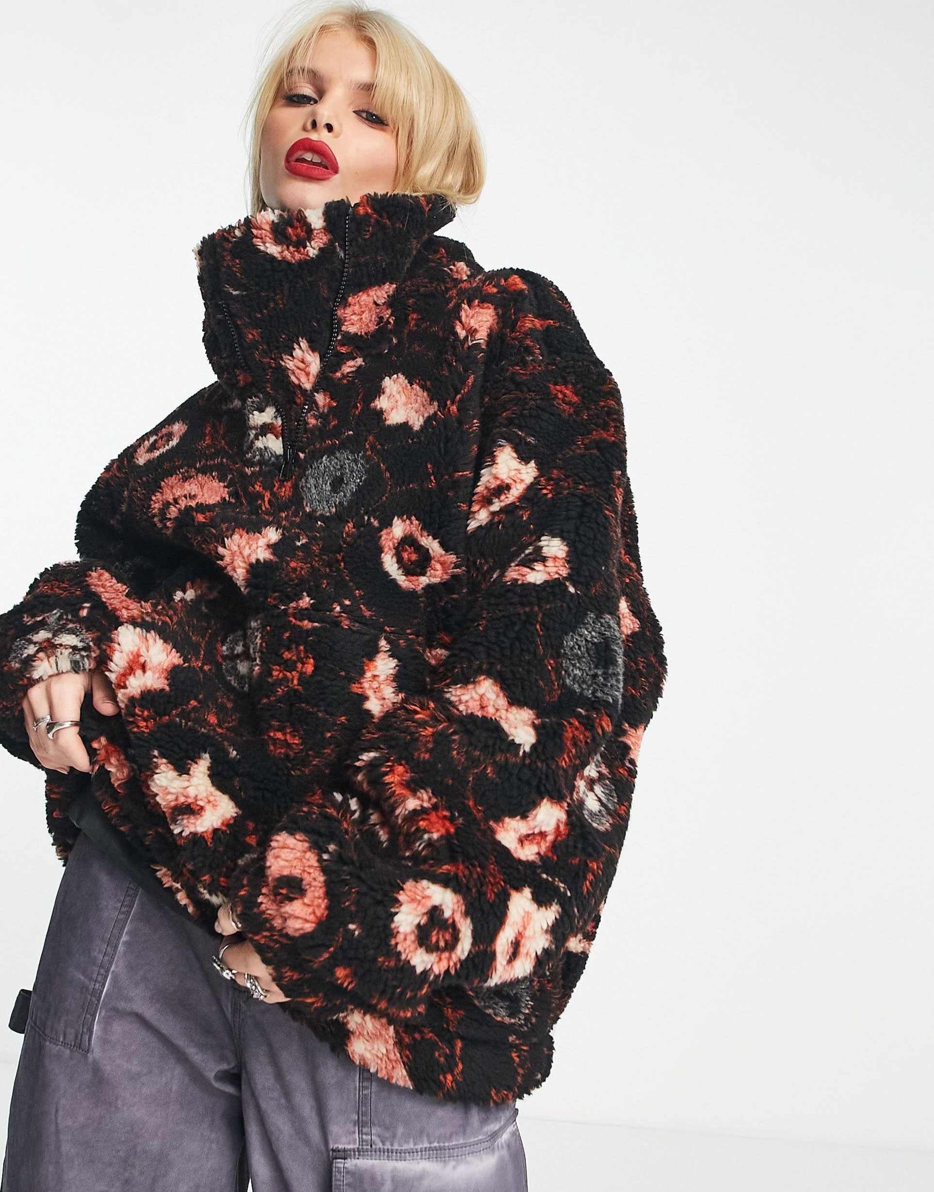 Reclaimed Vintage floral borg overhead jacket in black