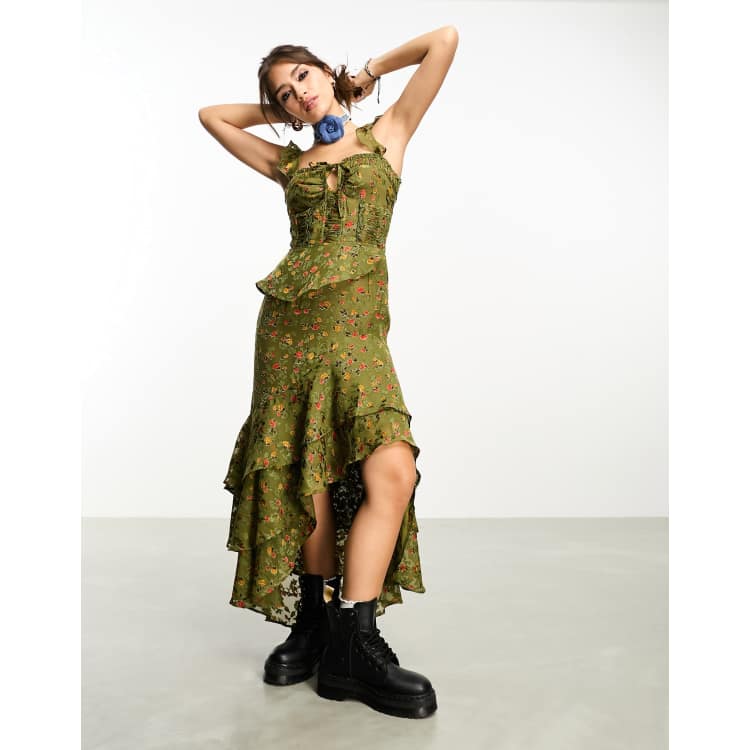 green emerald velvet dress Green 1960s Floral Vintage Dress