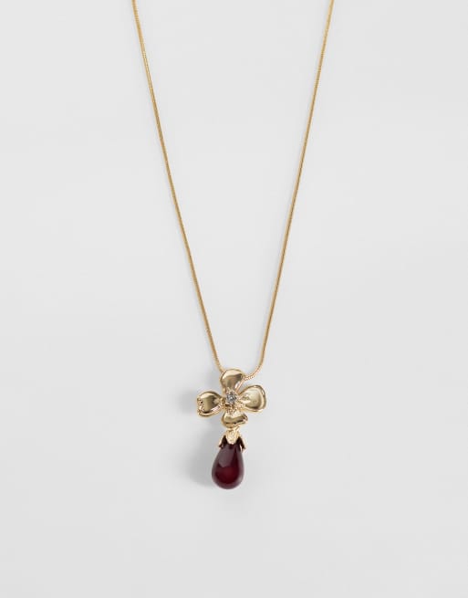 Reclaimed Vintage floral drop pendant with red stone, 1 of 3