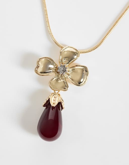 Reclaimed Vintage floral drop pendant with red stone, 2 of 3