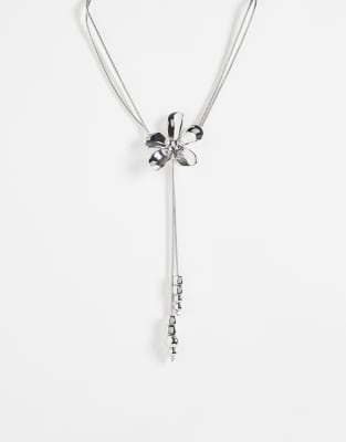 Reclaimed Vintage Floral Lariat Necklace In Silver