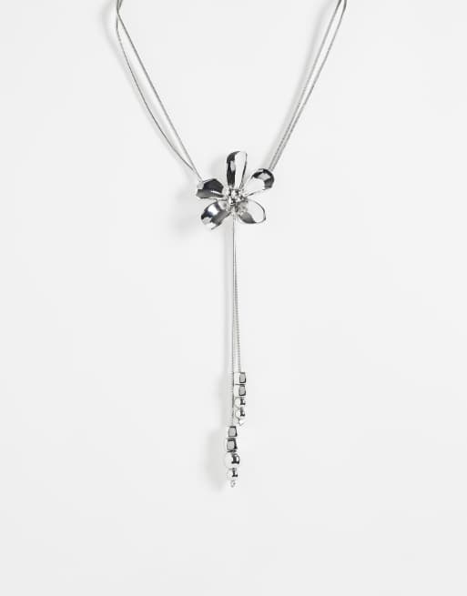 Reclaimed Vintage floral lariat necklace in silver tone