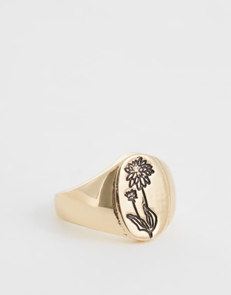 Reclaimed Vintage floral sketch signet ring in gold - view 1