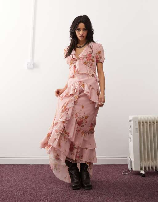 Reclaimed Vintage – Flounce – Rosa, blommig maxi-teaklänning i bohostil