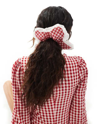 flower hair scrunchie in red gingham-Multi