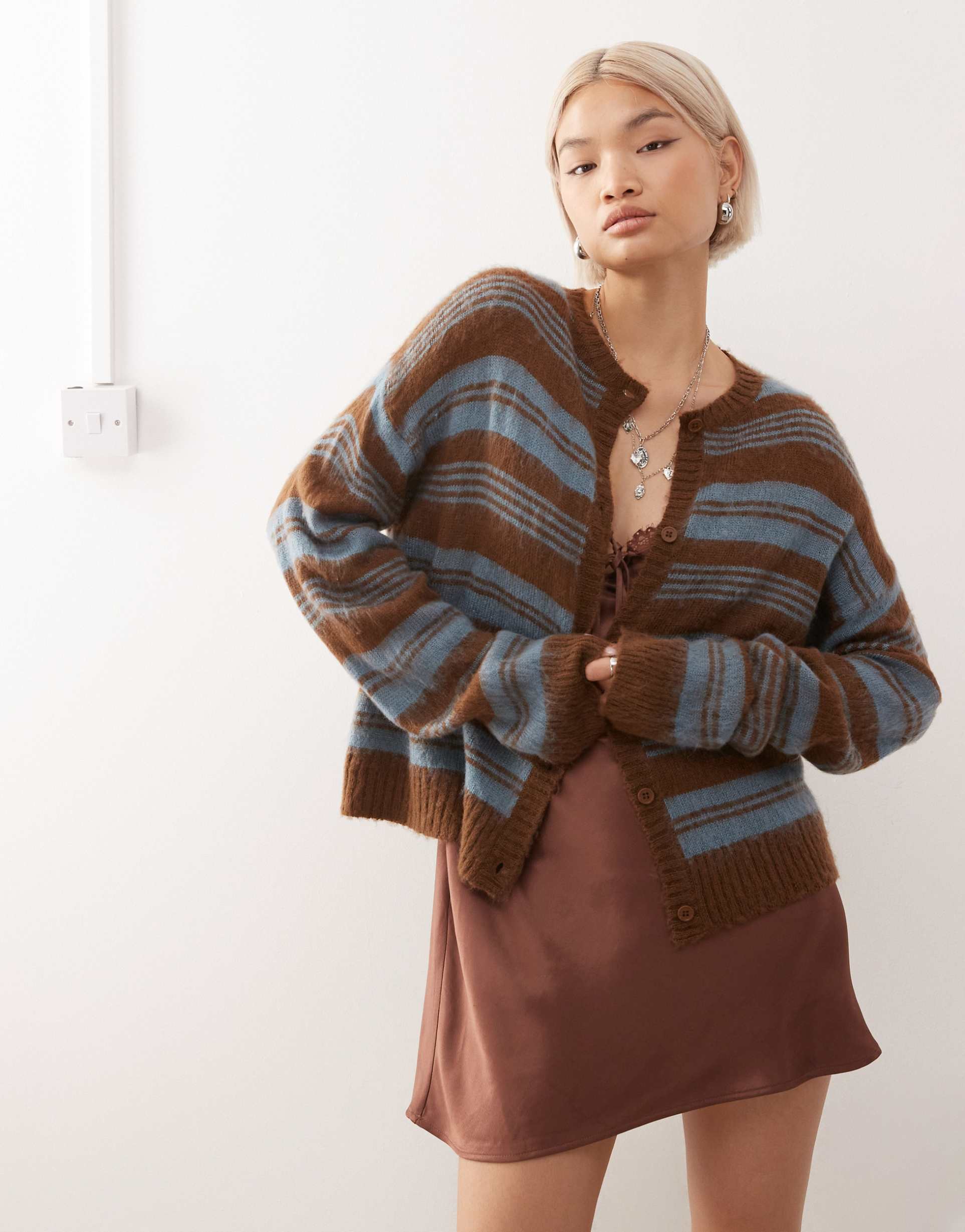 reclaimed vintage fluffy knit boxy cardigan in brown and blue stripe
