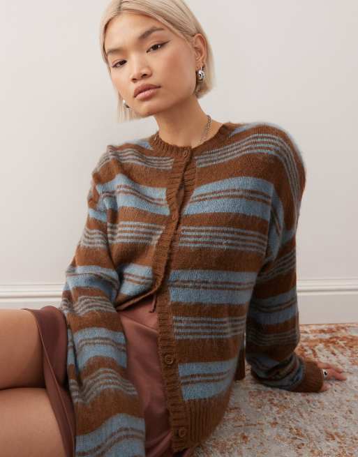 Reclaimed Vintage fluffy knit boxy cardigan in brown and blue stripe