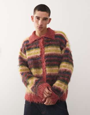 Reclaimed Vintage Fluffy Knit Collared Cardigan In Red