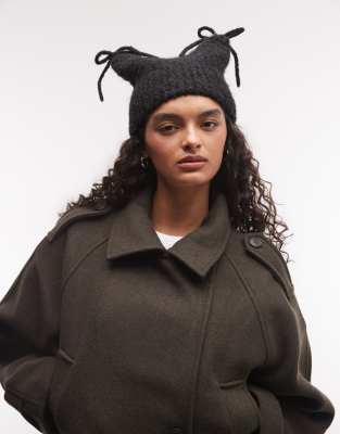 Reclaimed Vintage Fluffy Knit Ear Beanie With Bow Details In Black