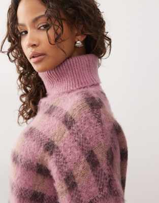 Reclaimed Vintage Fluffy Knit Roll Neck Sweater With Balloon Sleeves In Pink