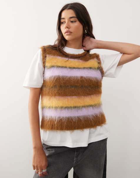 Reclaimed Vintage fluffy knit tank in brown multi stripe - view 1