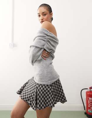 Reclaimed Vintage fluffy knitted bardot ruched jumper in grey