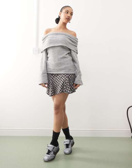 Reclaimed Vintage fluffy knitted bardot ruched jumper in grey