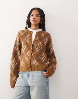 Reclaimed Vintage fluffy knitted cardigan in brown argyle print