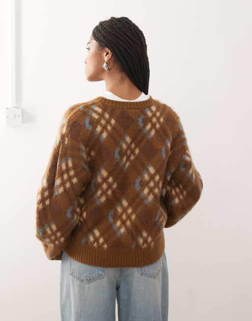 Reclaimed Vintage fluffy knitted cardigan in brown argyle print ASOS