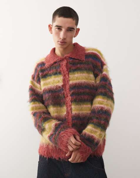 Reclaimed Vintage fluffy knitted collared cardigan in multi stripe - view 1