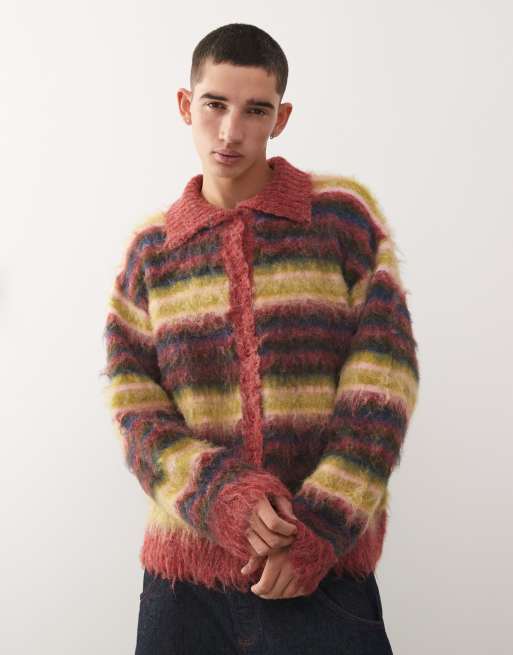 Reclaimed Vintage fluffy knitted collared cardigan in multi stripe 